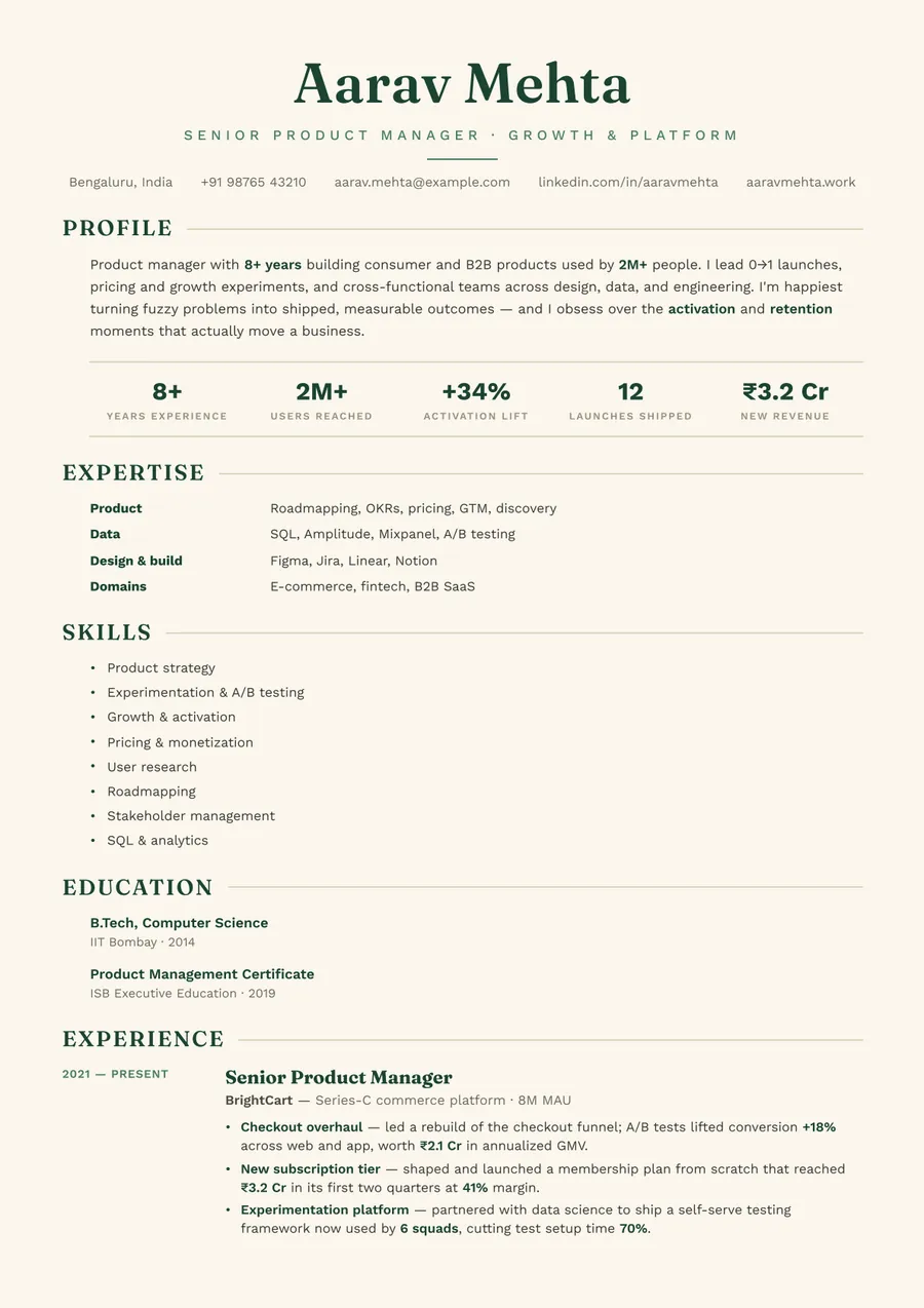 Forest editorial Stacked resume template — Fresh & grounded