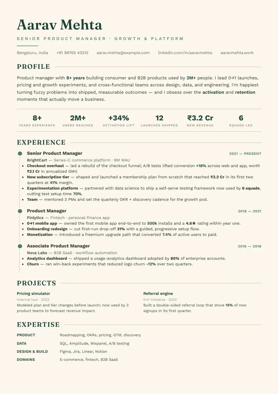 Forest editorial Timeline resume template — Fresh & grounded