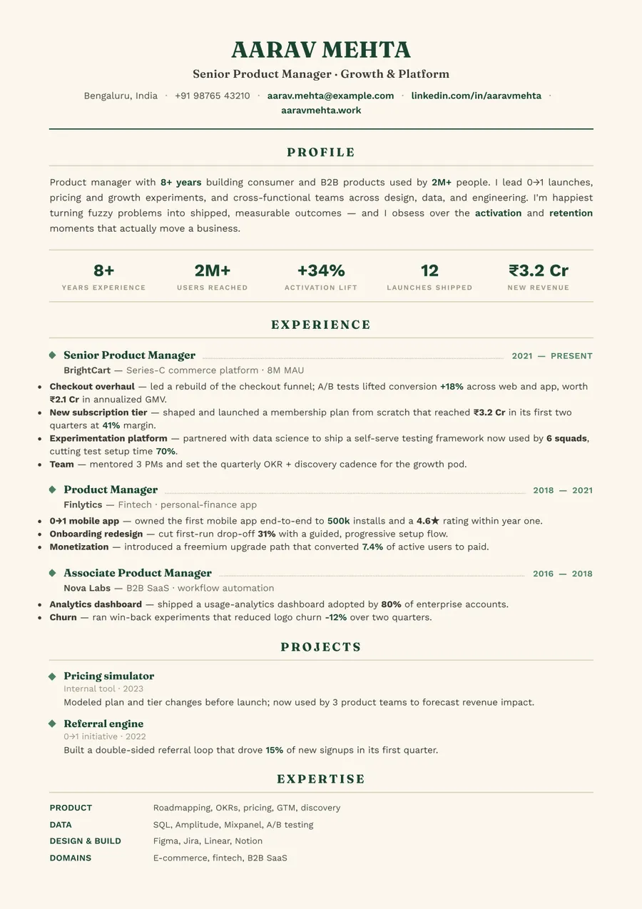 Forest editorial Traditional resume template — Fresh & grounded