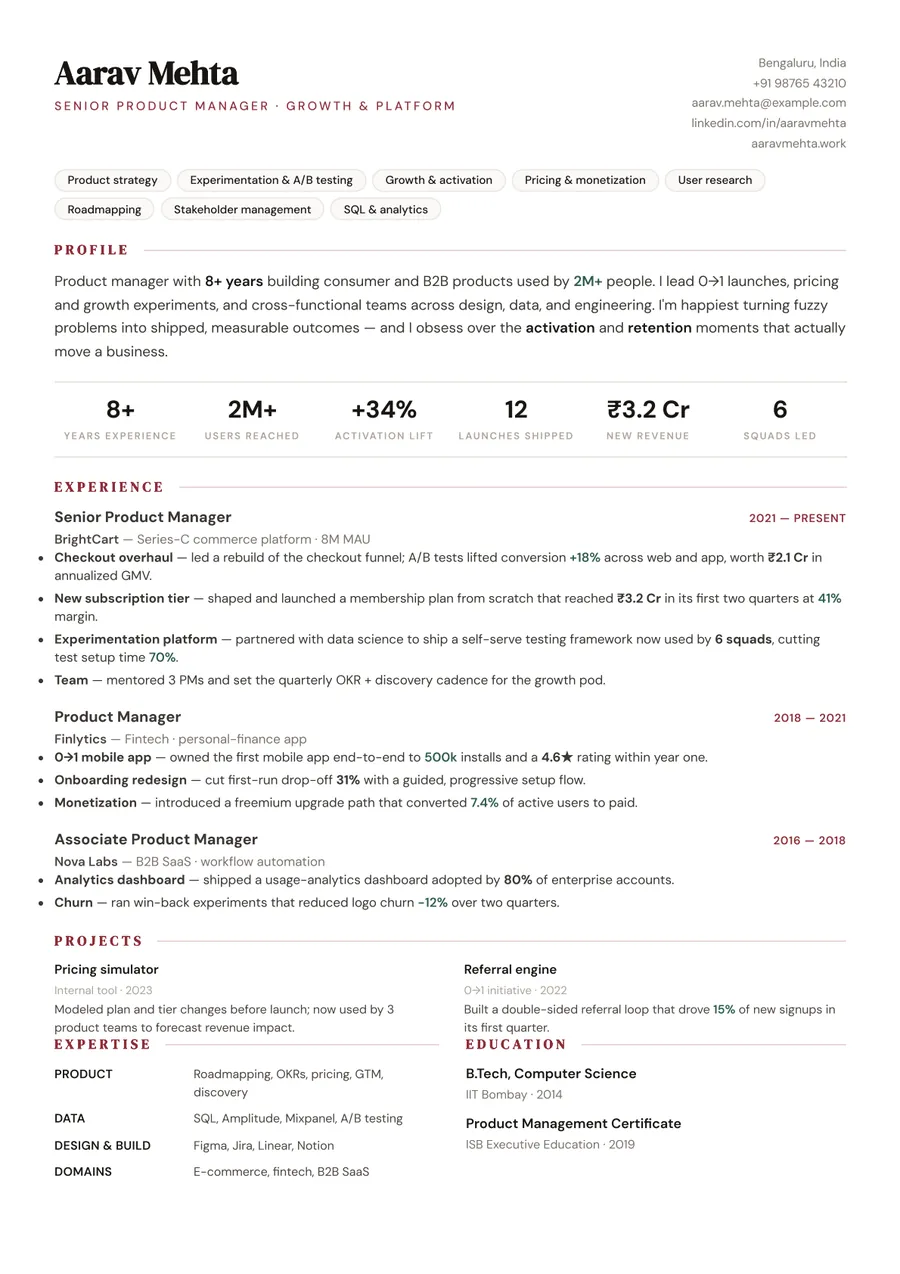 Gallery white Compact header resume template — Bold accents