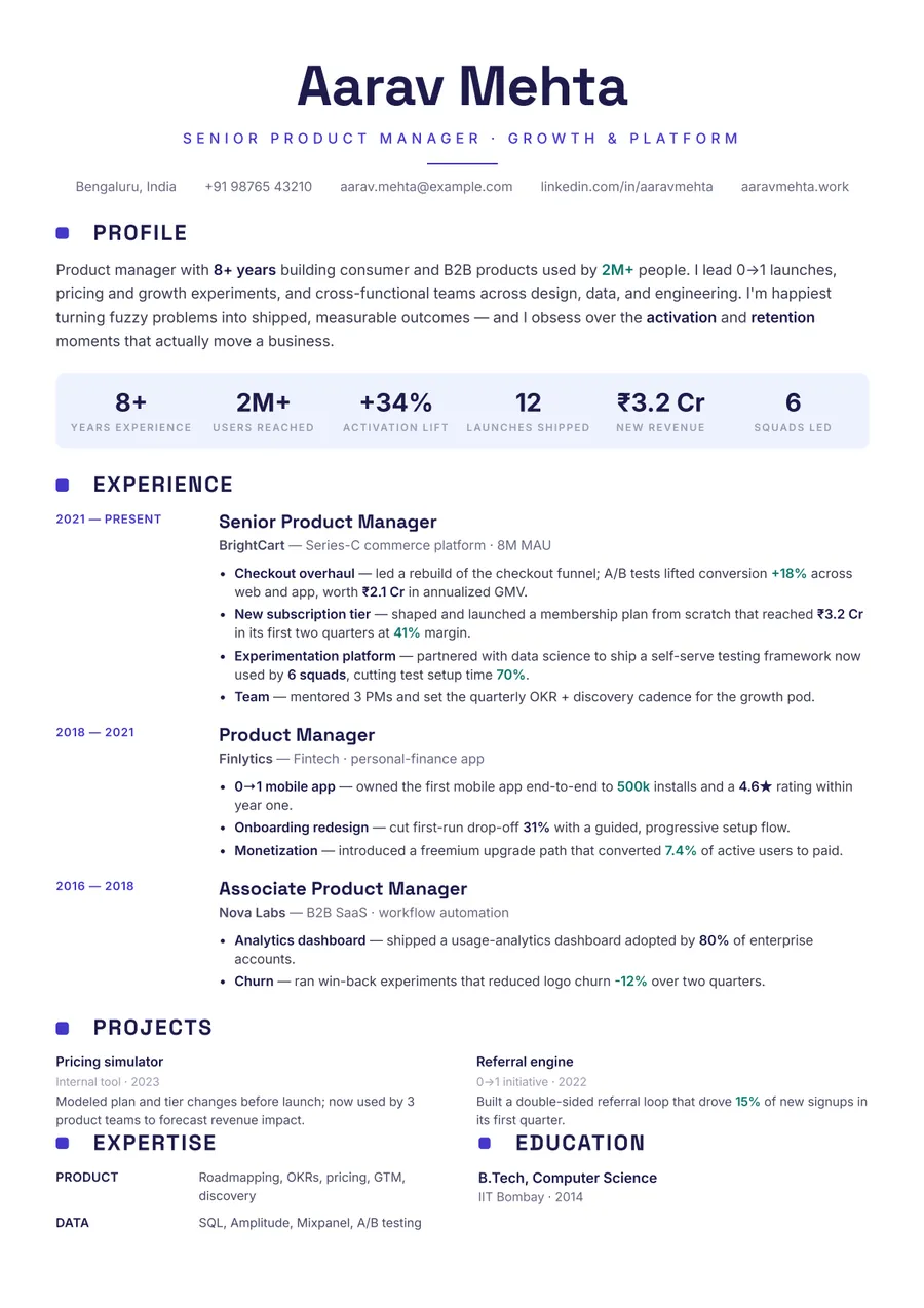 Indigo modern Classic centered resume template — Modern & confident