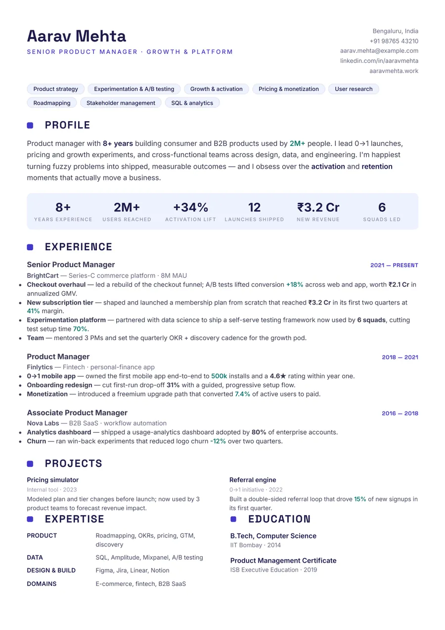 Indigo modern Compact header resume template — Modern & confident
