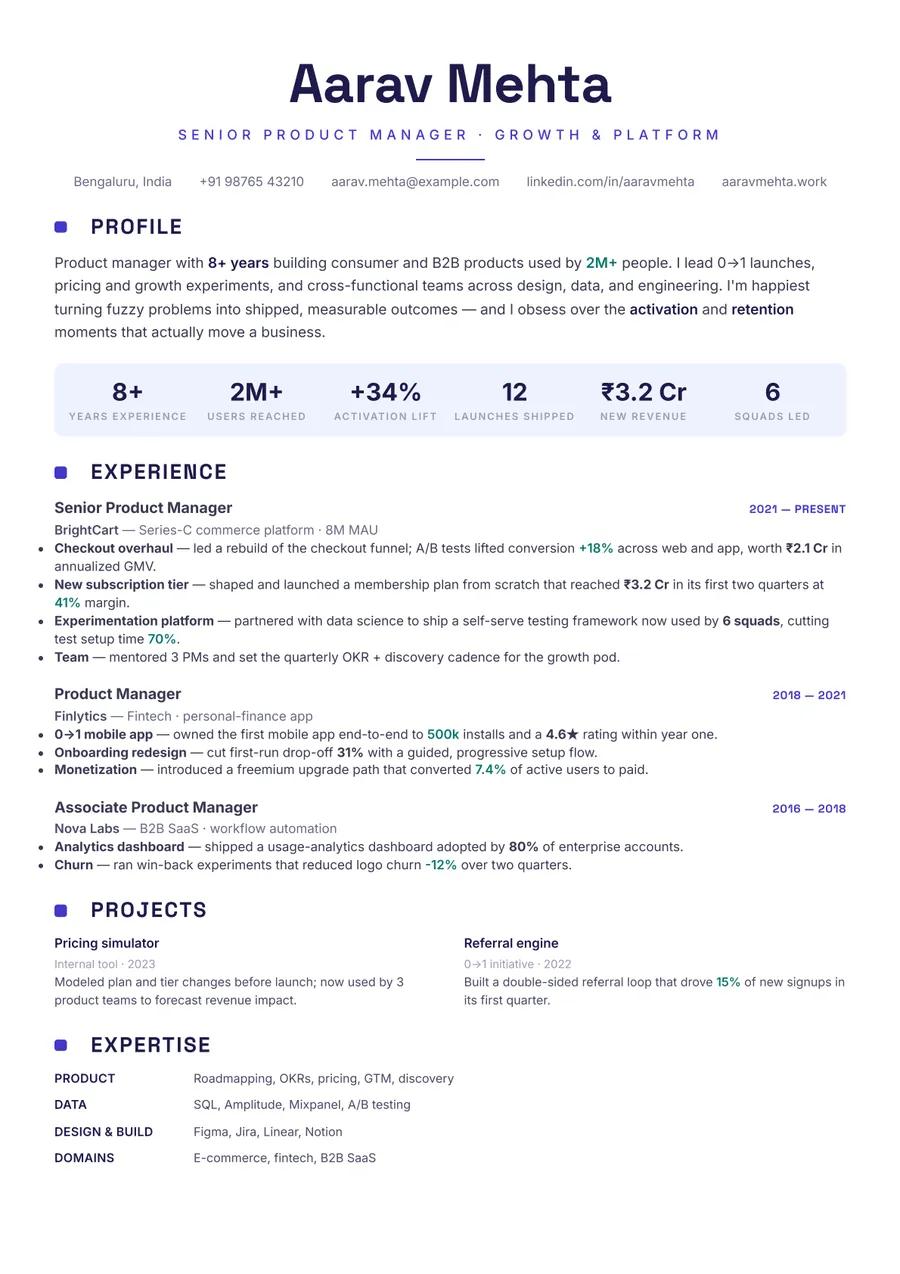 Indigo modern Developer stack resume template — Modern & confident