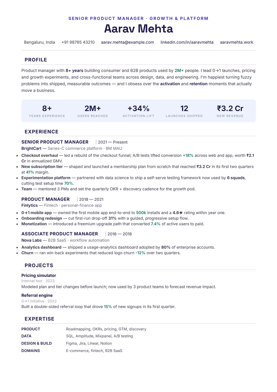 Indigo modern Formal resume template — Modern & confident