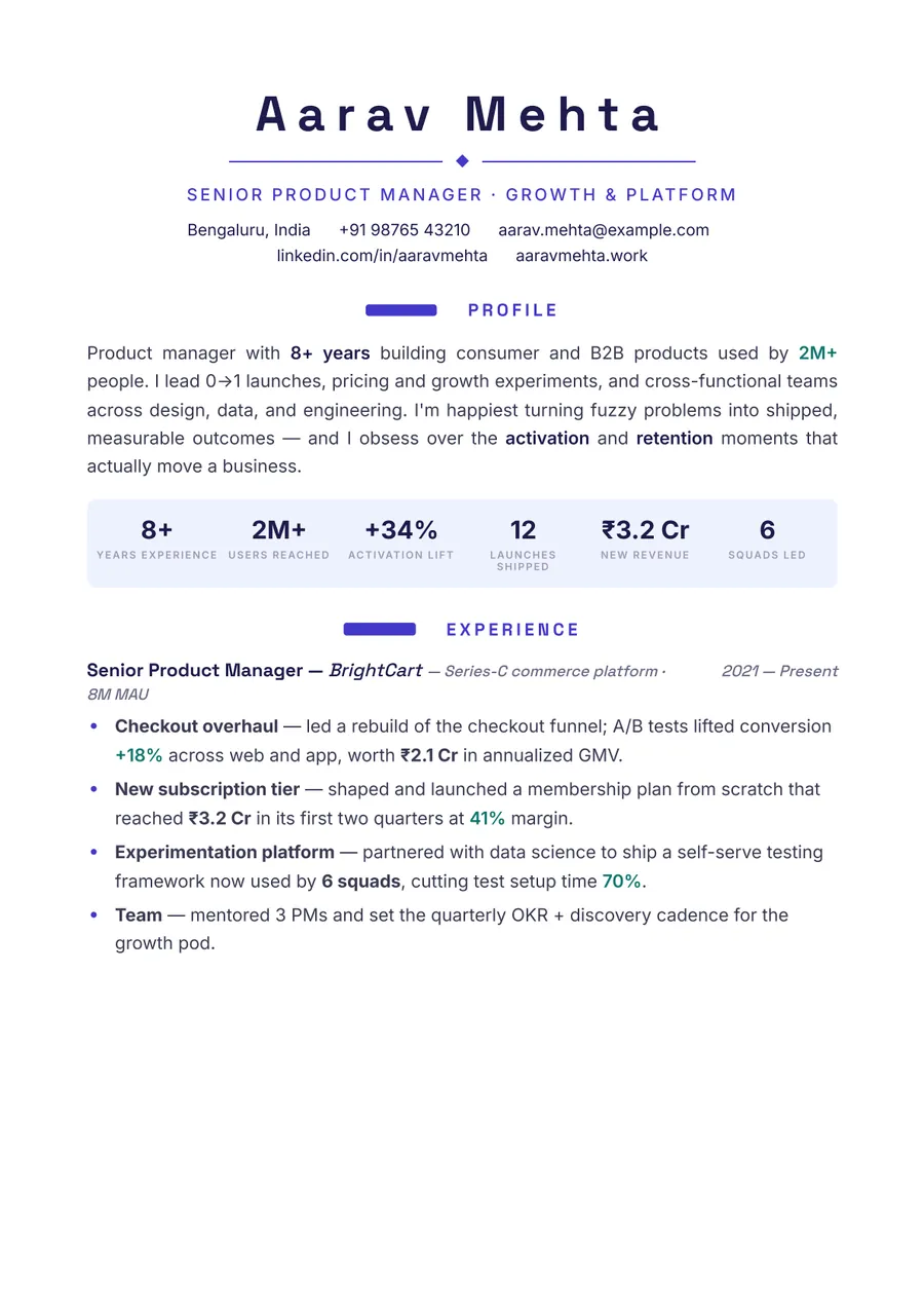 Indigo modern Letterpress resume template — Modern & confident