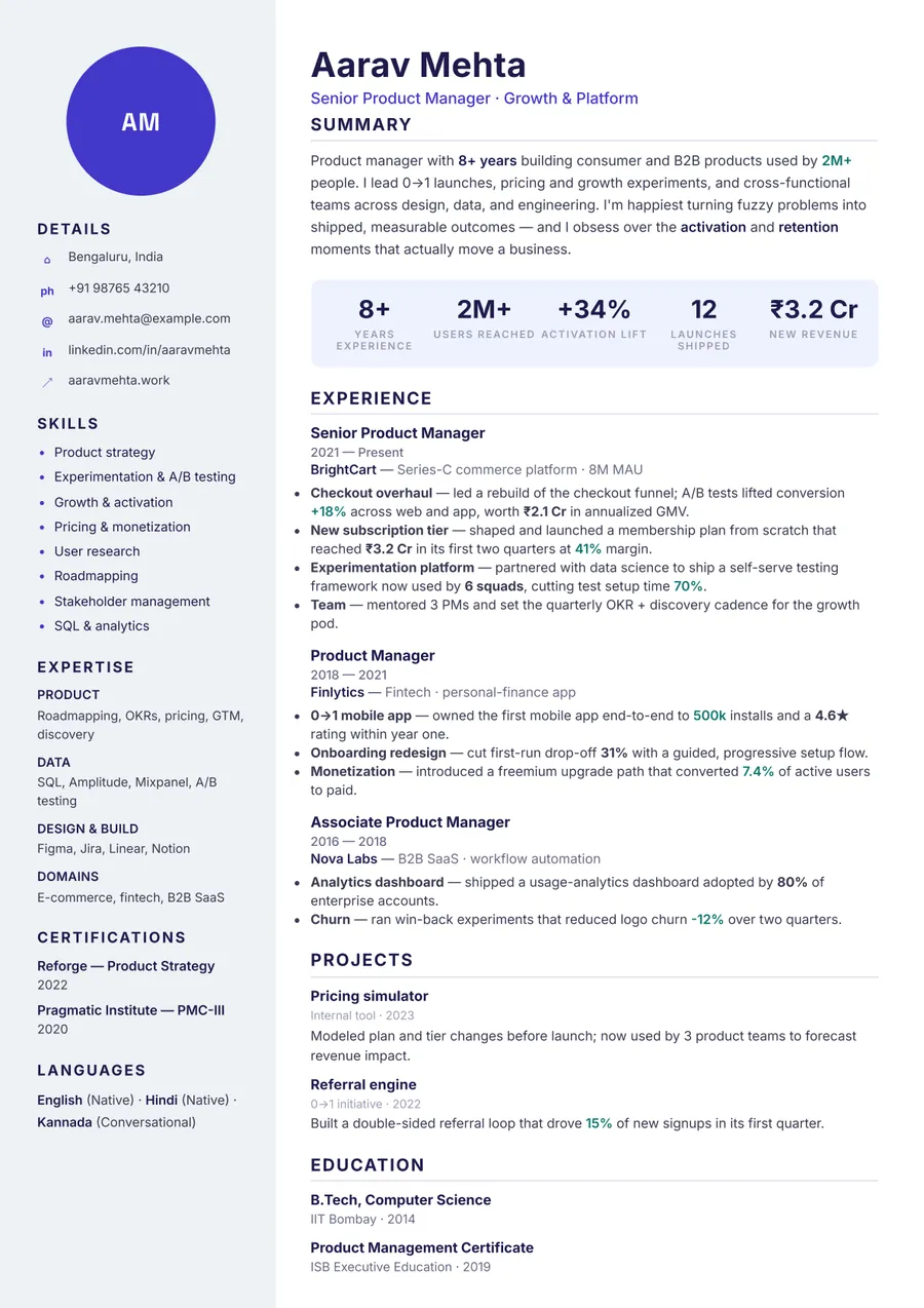 Indigo modern Portrait resume template — Modern & confident