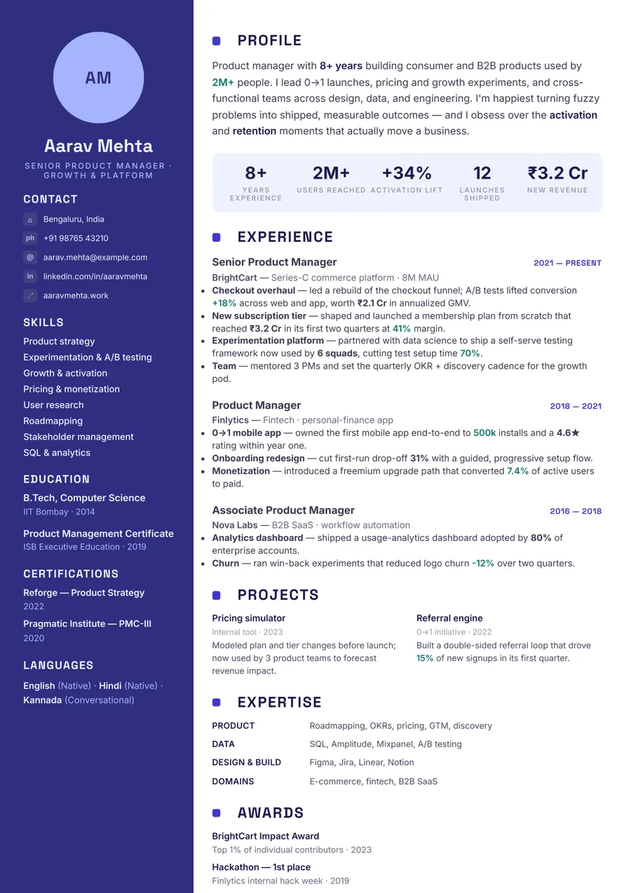 Indigo modern Sidebar resume template — Modern & confident