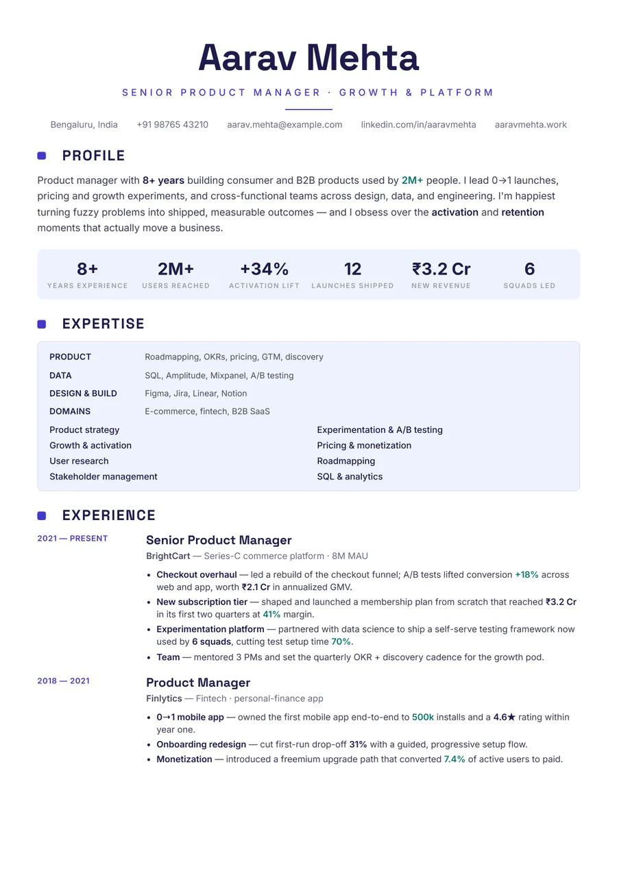 Indigo modern Skills-first resume template — Modern & confident