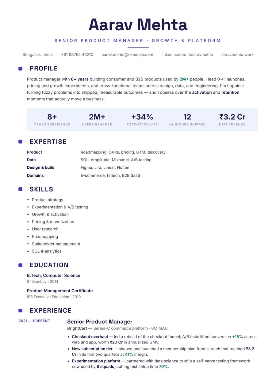 Indigo modern Stacked resume template — Modern & confident