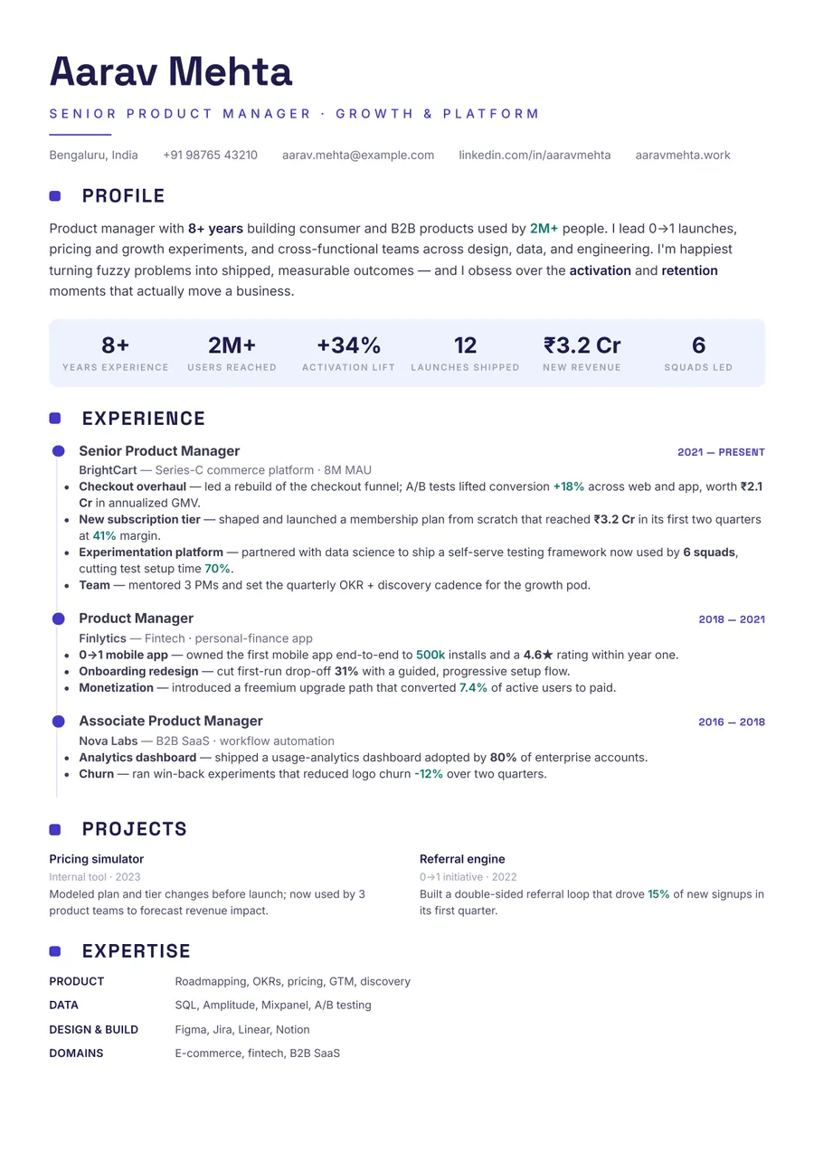 Indigo modern Timeline resume template — Modern & confident