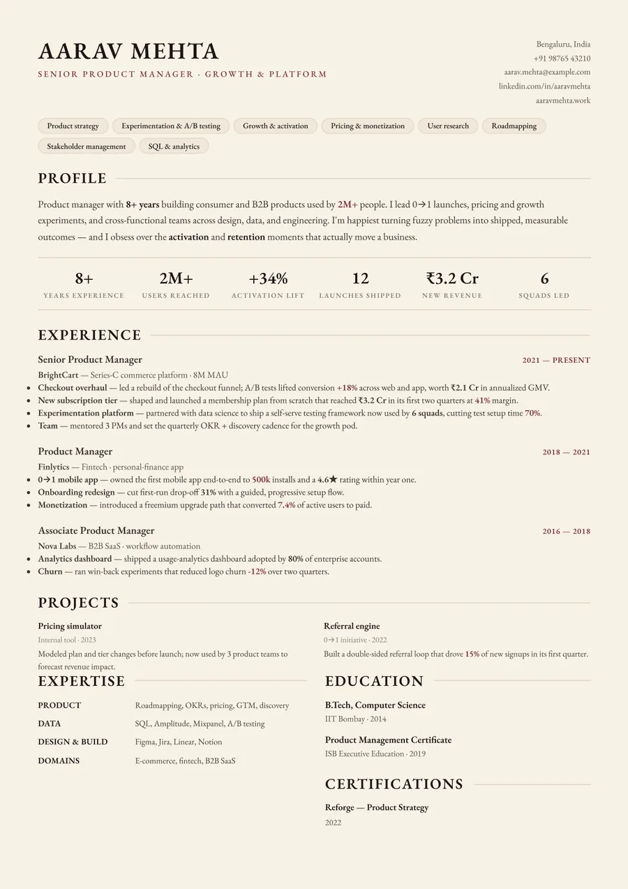 Letterpress classic Compact header resume template — Timeless serif