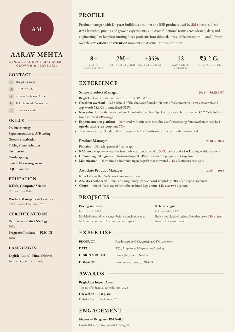 Letterpress classic Sidebar resume template — Timeless serif