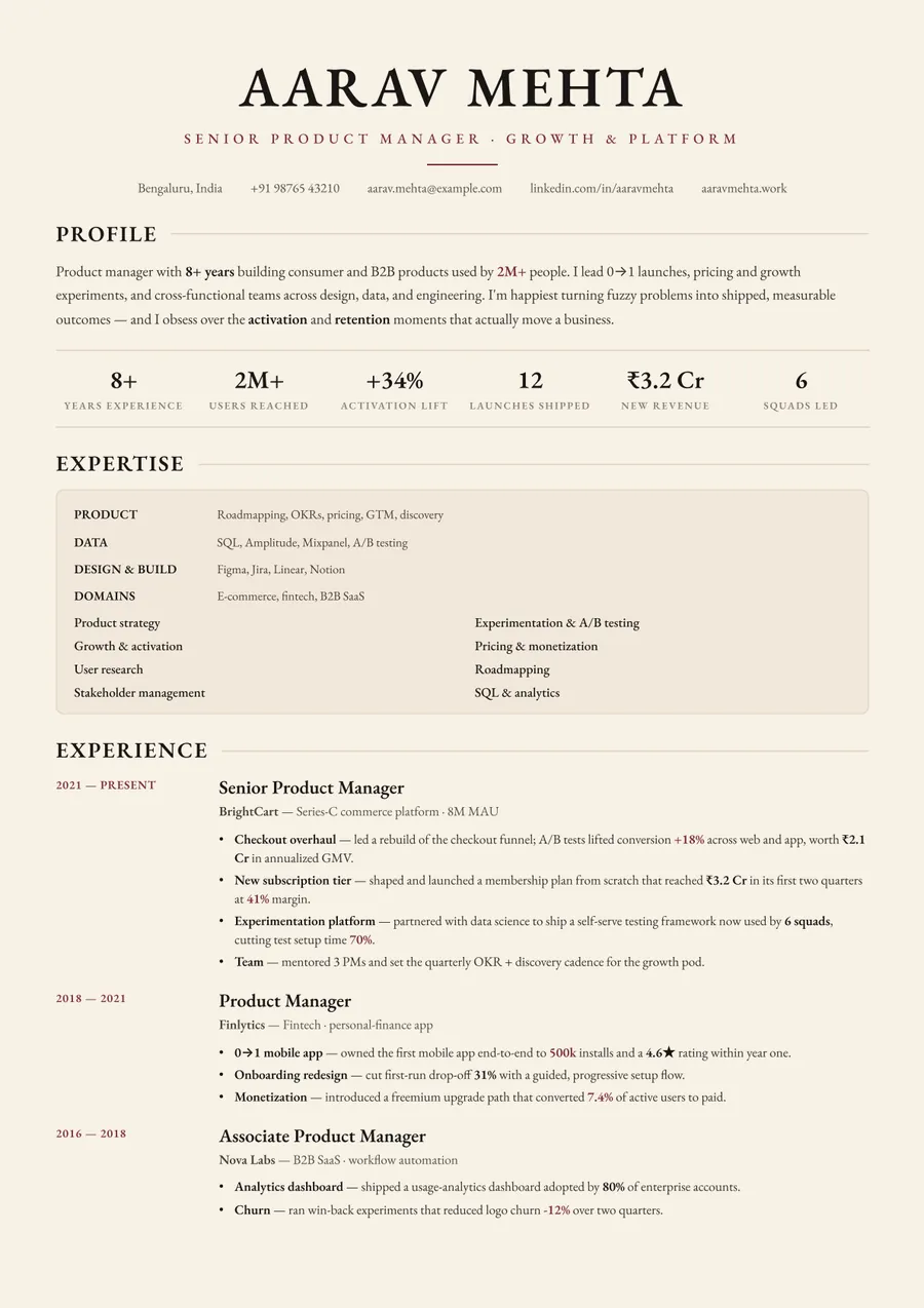Letterpress classic Skills-first resume template — Timeless serif