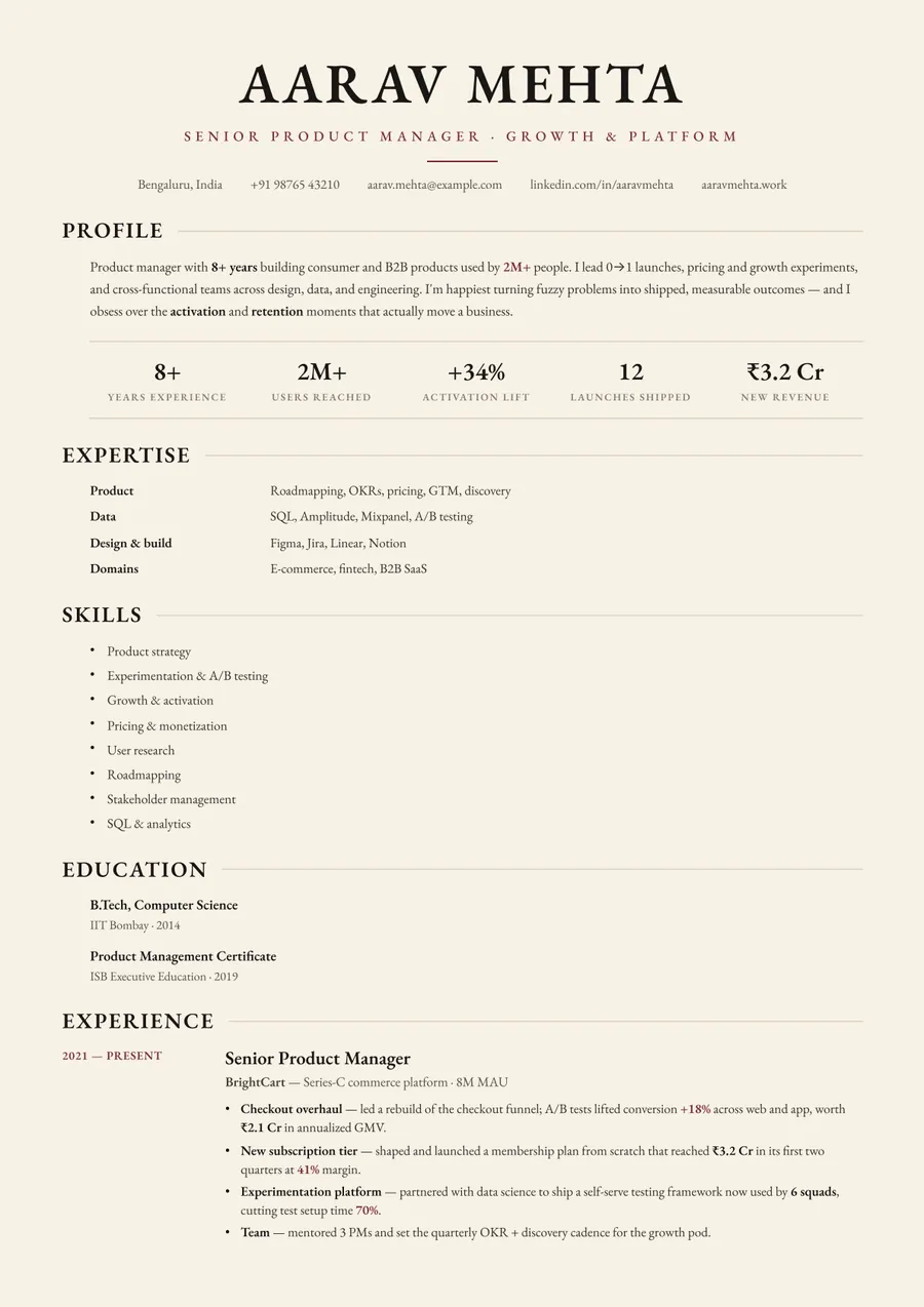 Letterpress classic Stacked resume template — Timeless serif