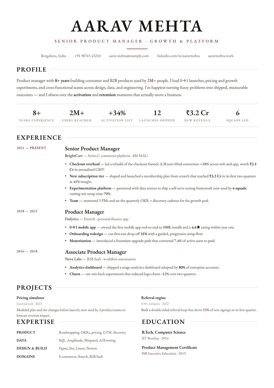Letterpress white Classic centered resume template — Crisp & minimal