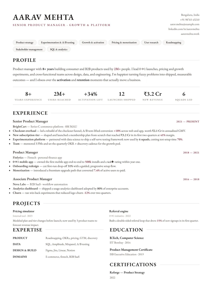 Letterpress white Compact header resume template — Crisp & minimal
