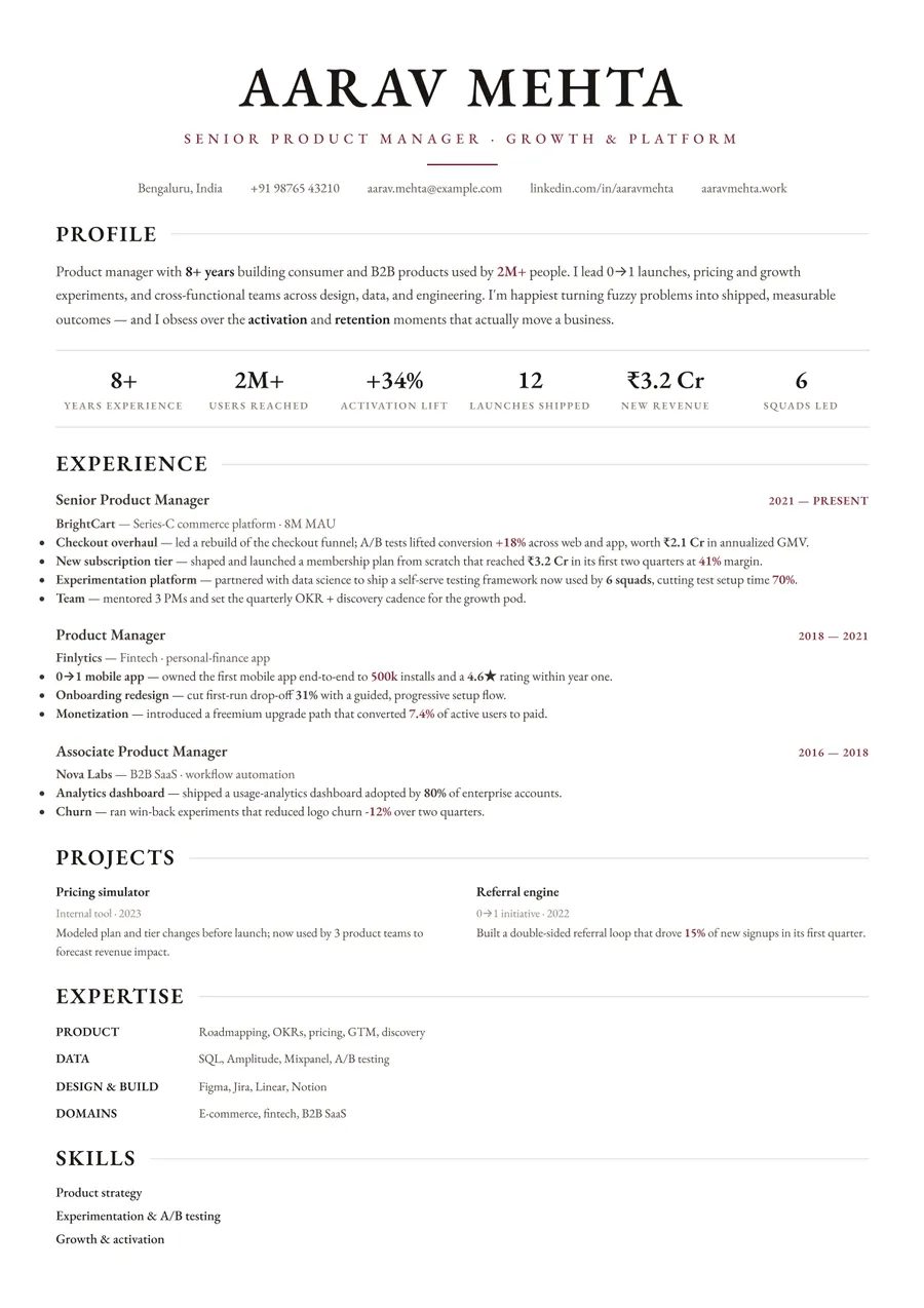 Letterpress white Developer stack resume template — Crisp & minimal