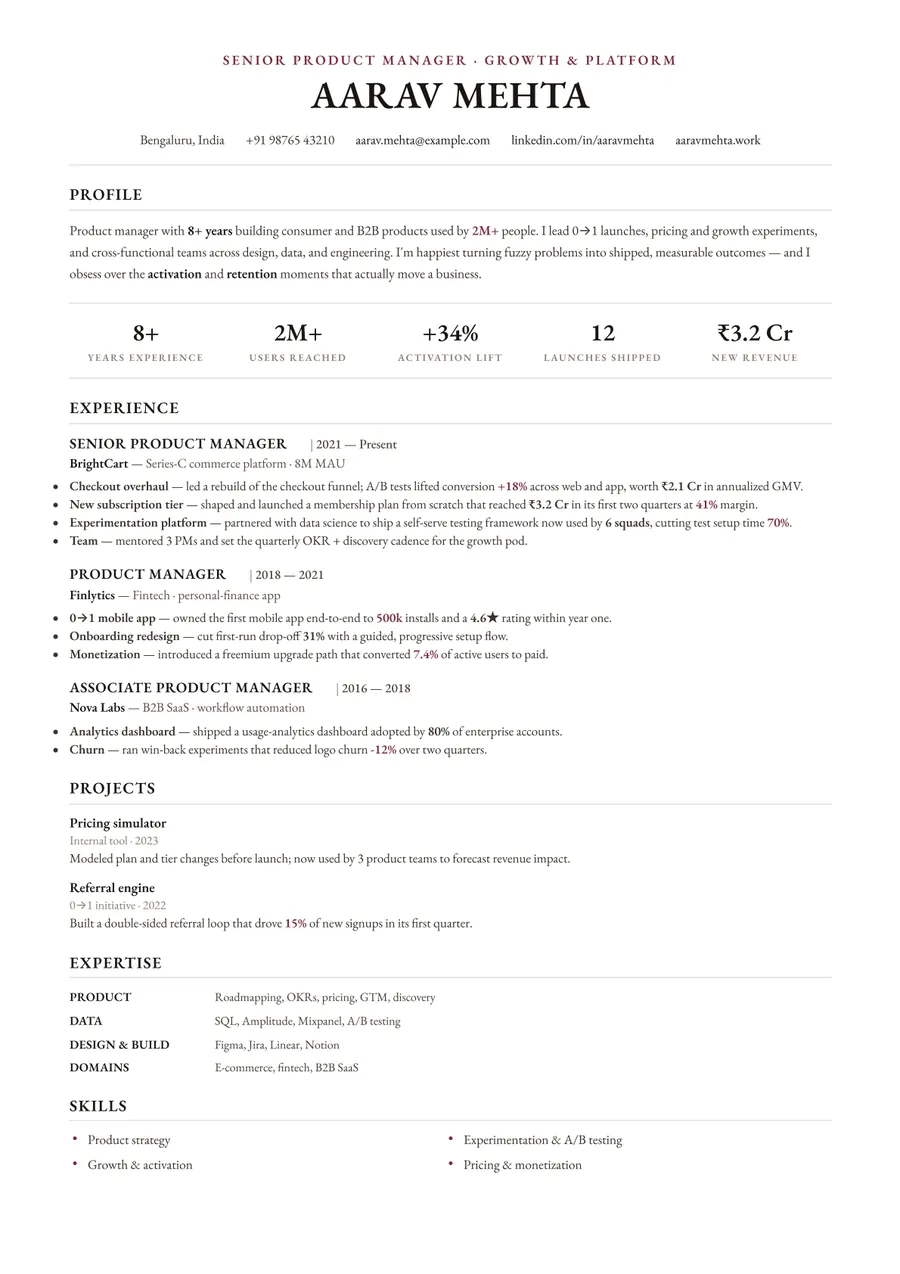 Letterpress white Formal resume template — Crisp & minimal