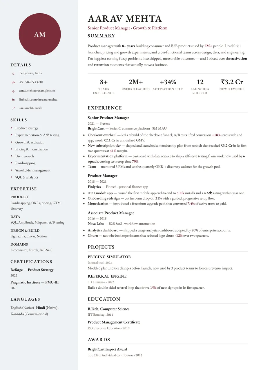 Letterpress white Portrait resume template — Crisp & minimal
