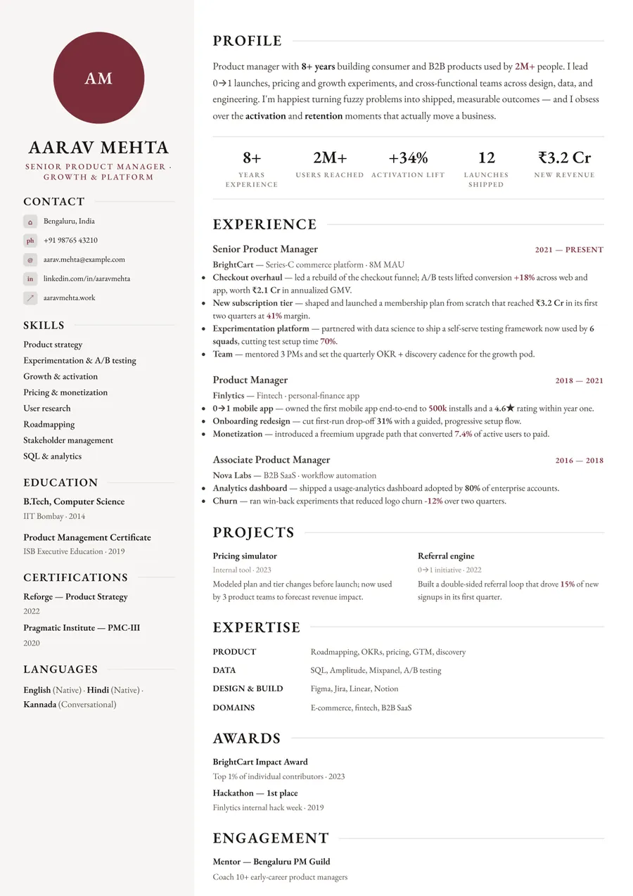 Letterpress white Sidebar resume template — Crisp & minimal
