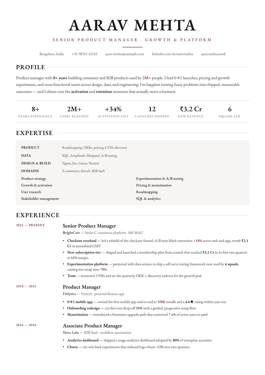 Letterpress white Skills-first resume template — Crisp & minimal