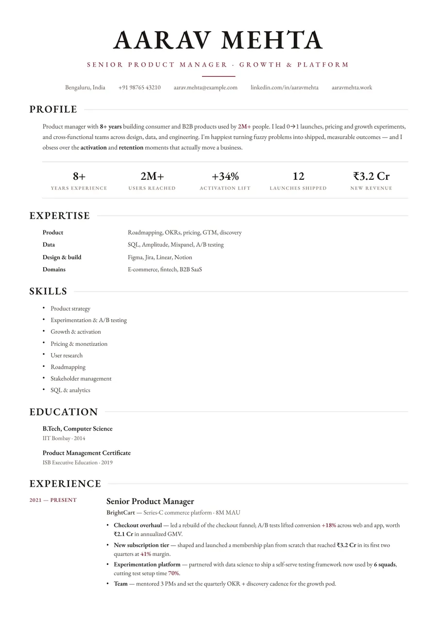 Letterpress white Stacked resume template — Crisp & minimal