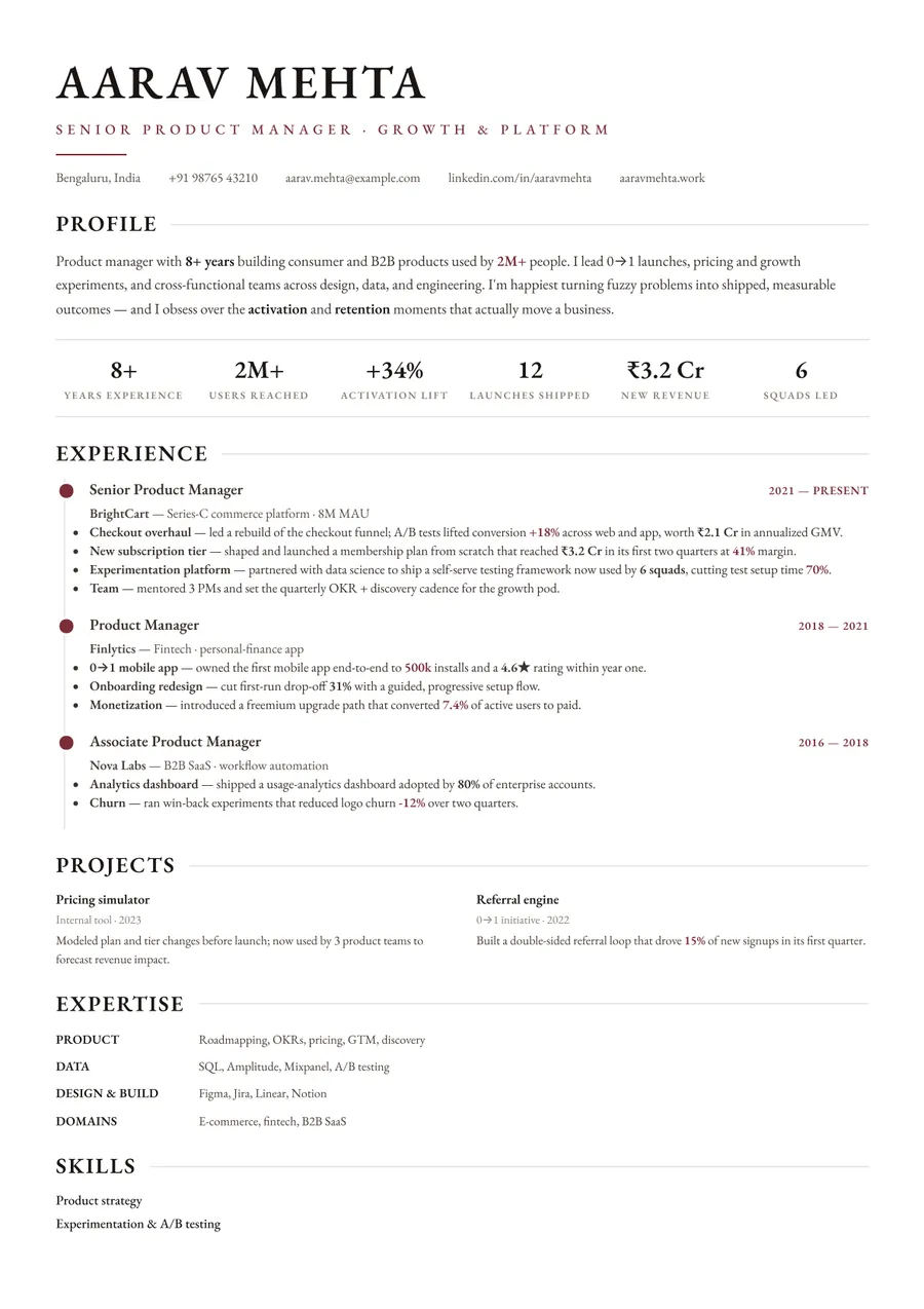 Letterpress white Timeline resume template — Crisp & minimal