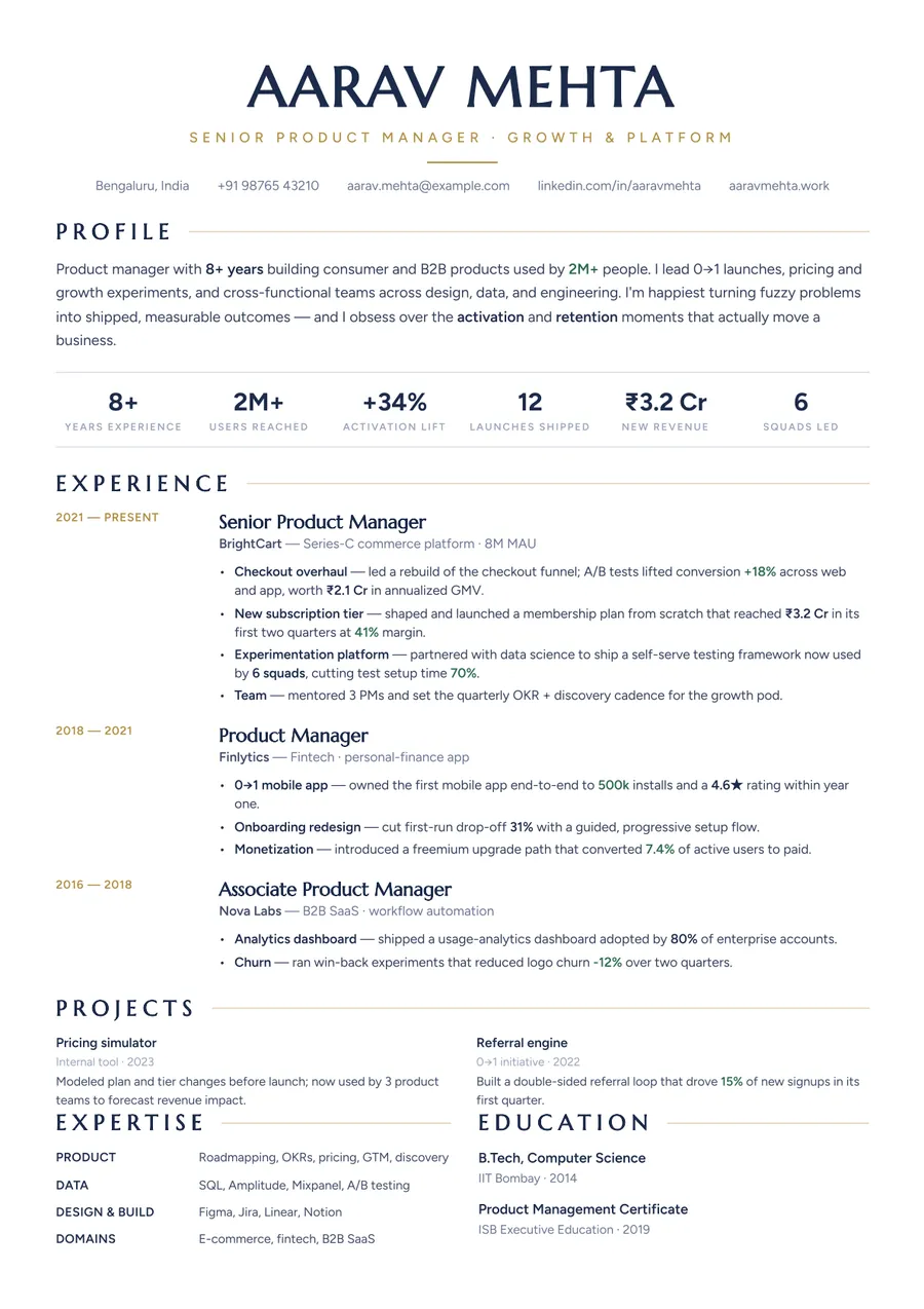 Midnight gold Classic centered resume template — Elegant contrast