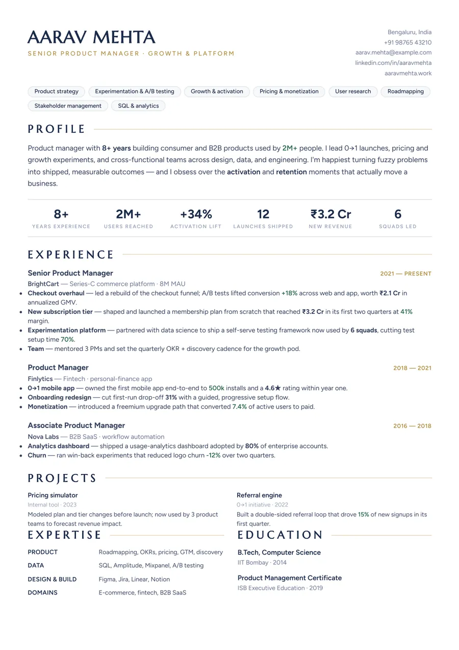 Midnight gold Compact header resume template — Elegant contrast