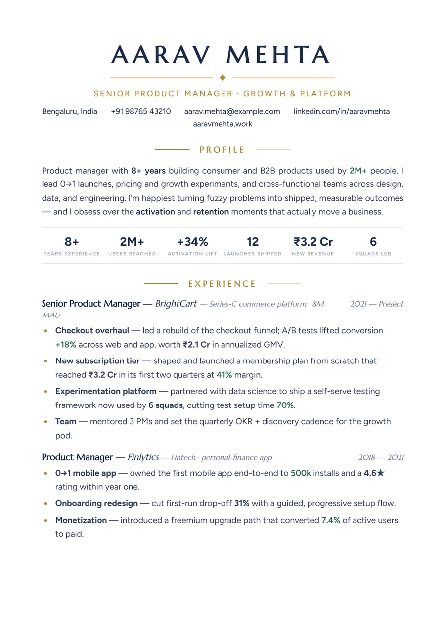 Midnight gold Letterpress resume template — Elegant contrast
