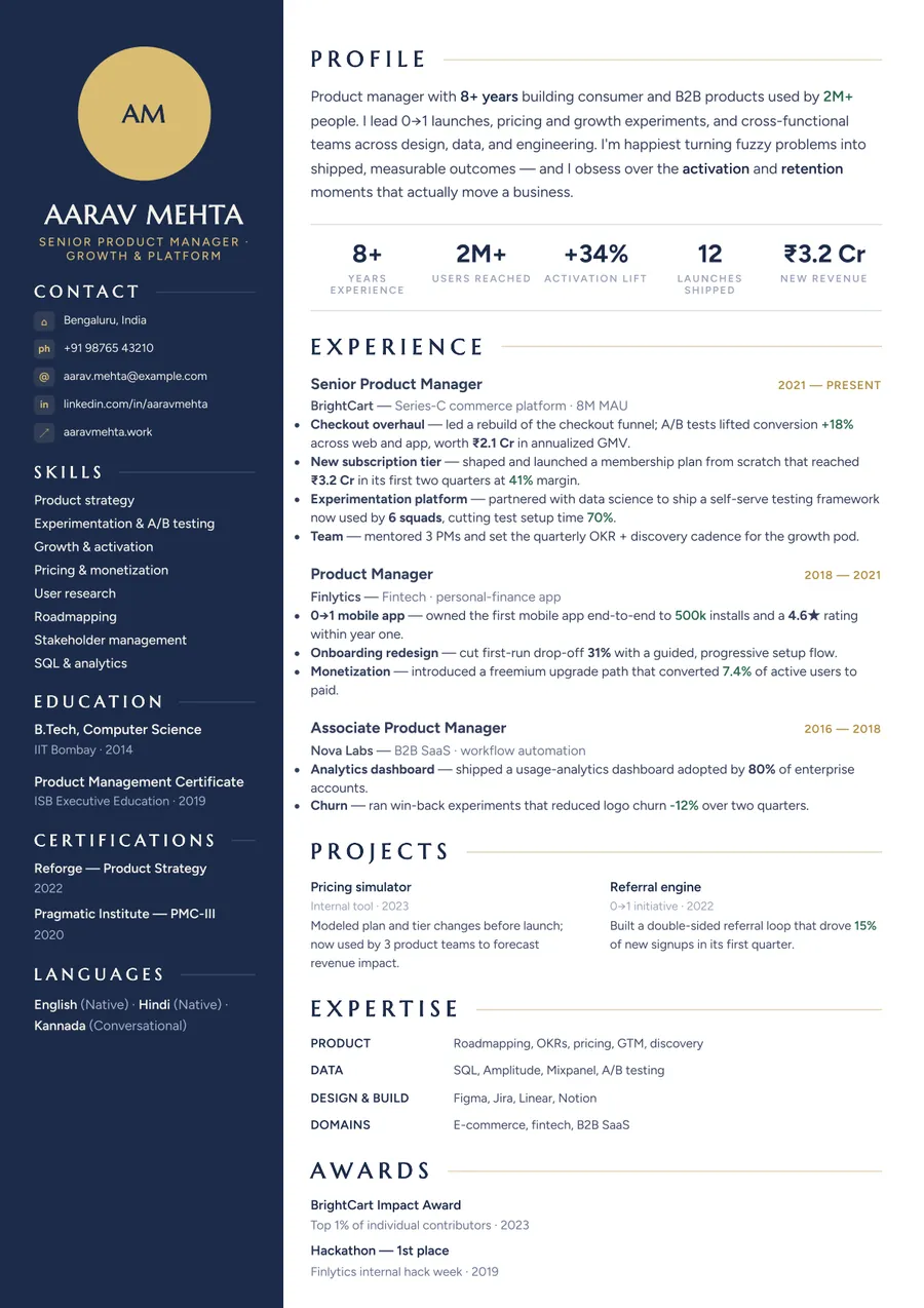 Midnight gold Sidebar resume template — Elegant contrast