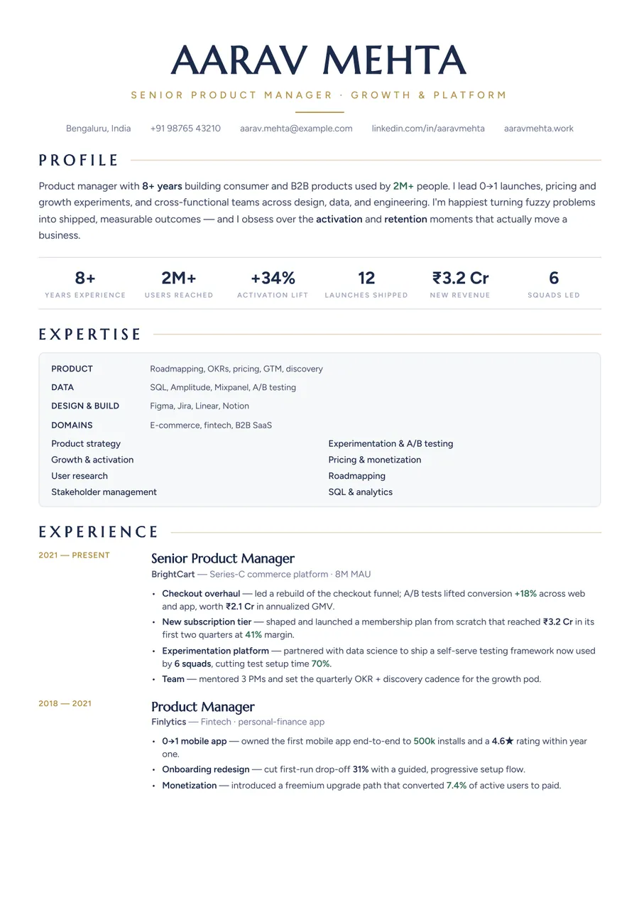 Midnight gold Skills-first resume template — Elegant contrast