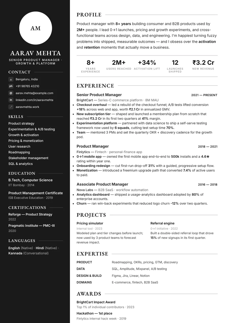 Black & white Sidebar resume template — Premium style