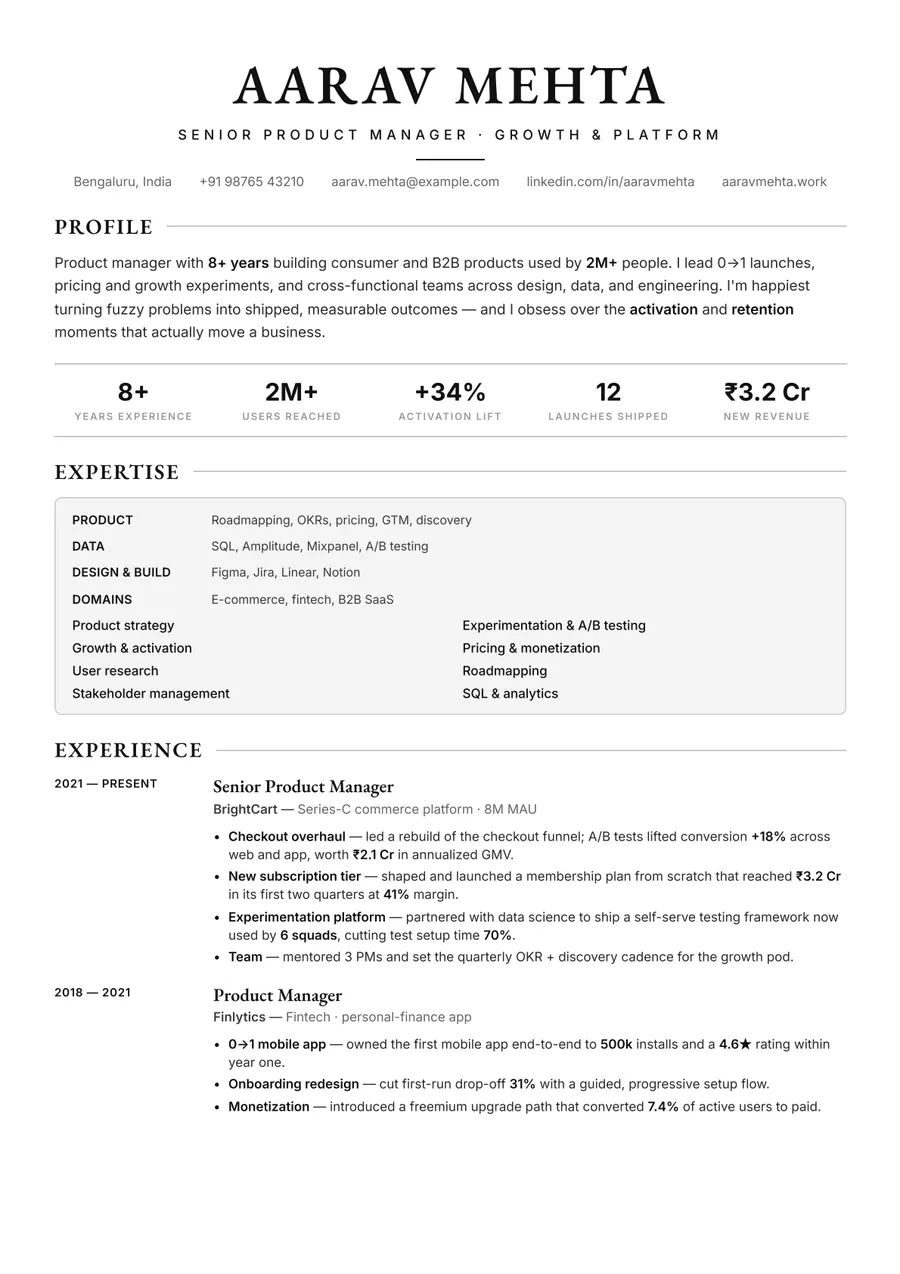 Black & white Skills-first resume template — Premium style