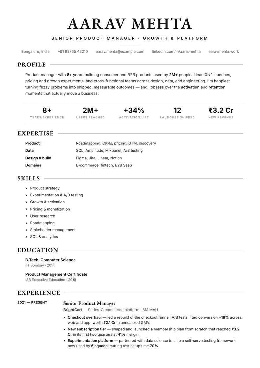 Black & white Stacked resume template — Premium style