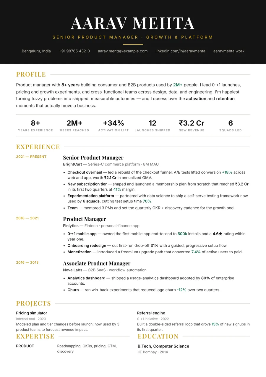 Noir executive Classic centered resume template — Sharp & minimal