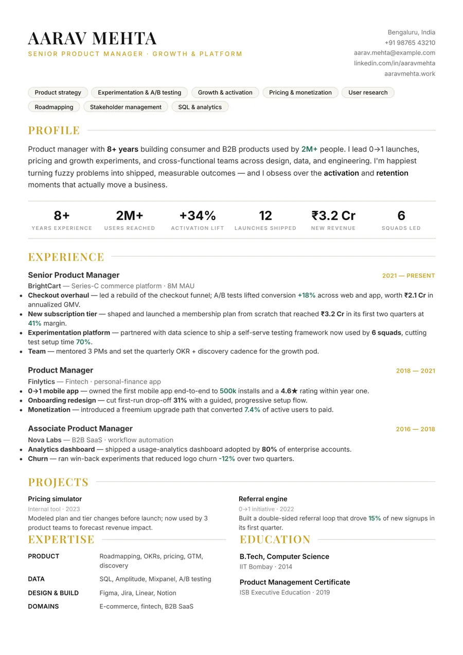 Noir executive Compact header resume template — Sharp & minimal