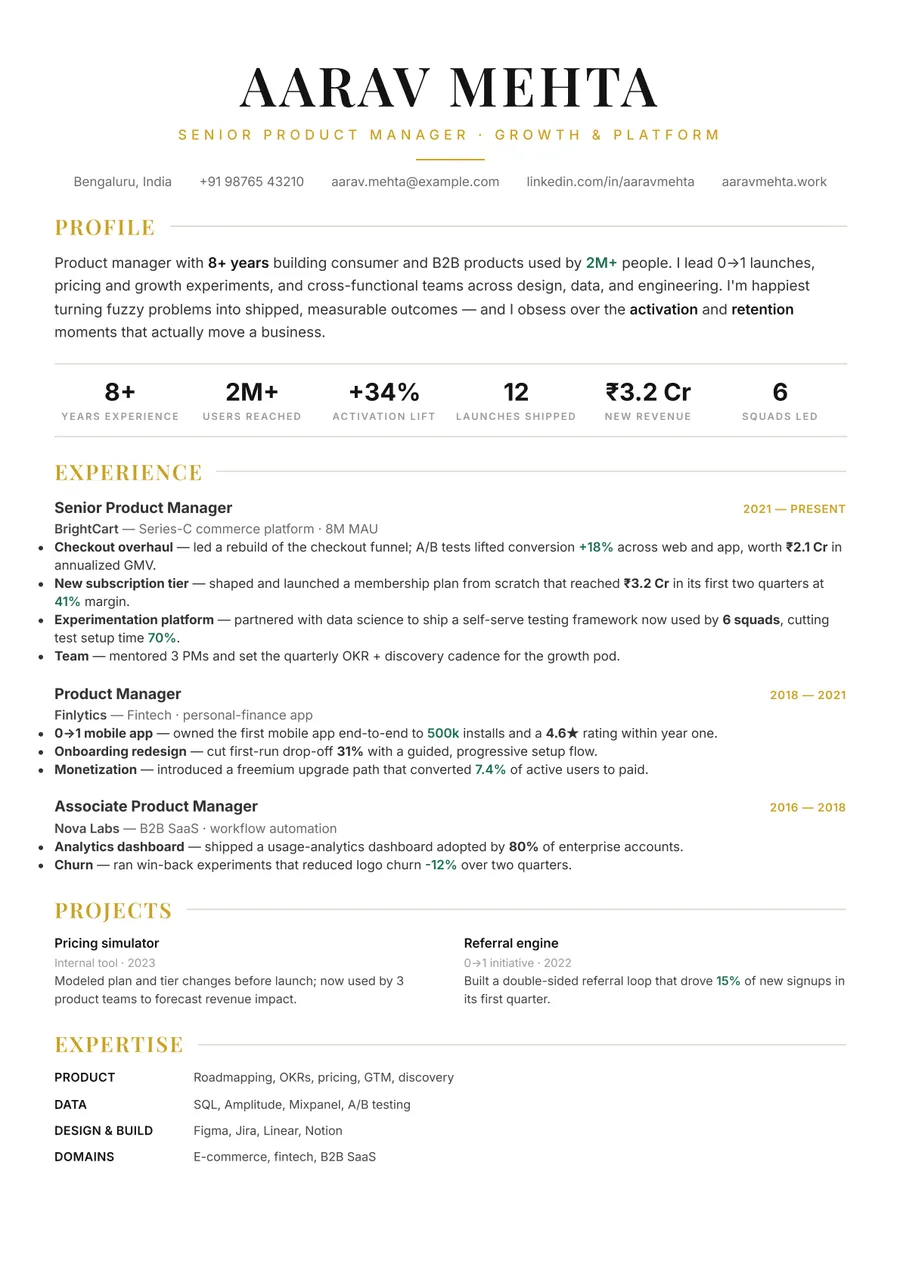 Noir executive Developer stack resume template — Sharp & minimal