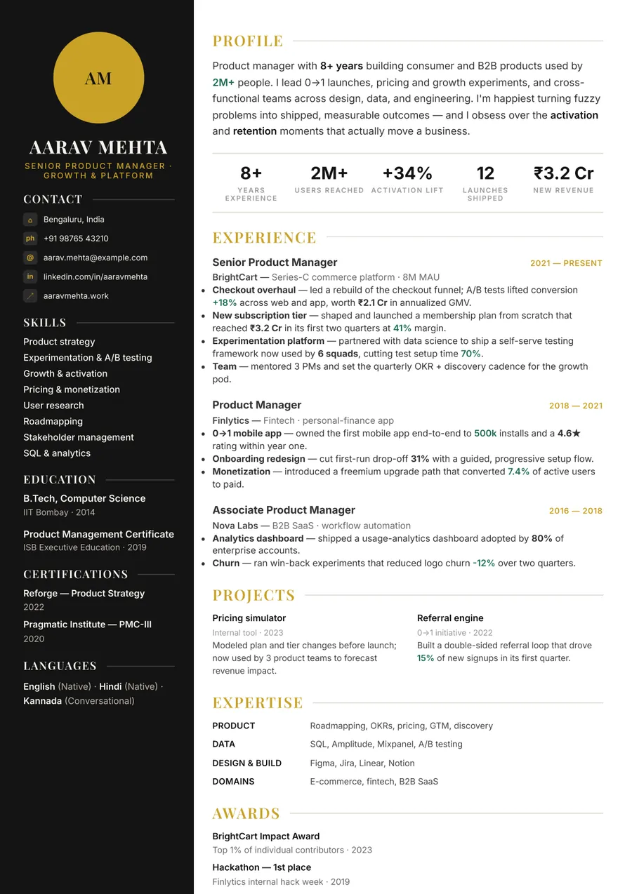 Noir executive Sidebar resume template — Sharp & minimal
