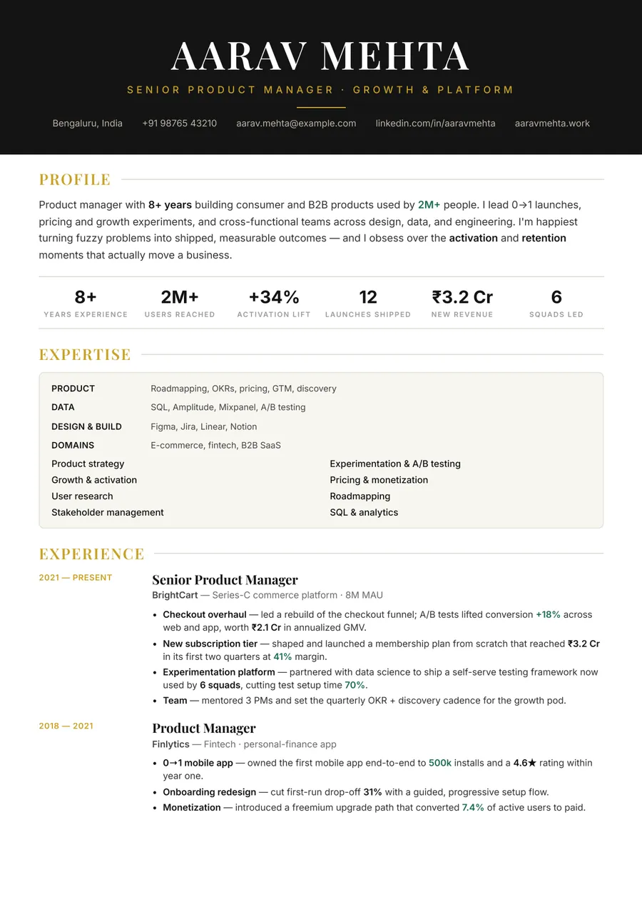 Noir executive Skills-first resume template — Sharp & minimal