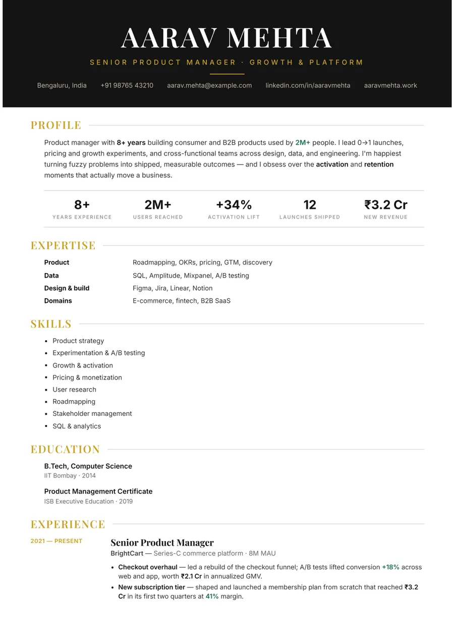 Noir executive Stacked resume template — Sharp & minimal