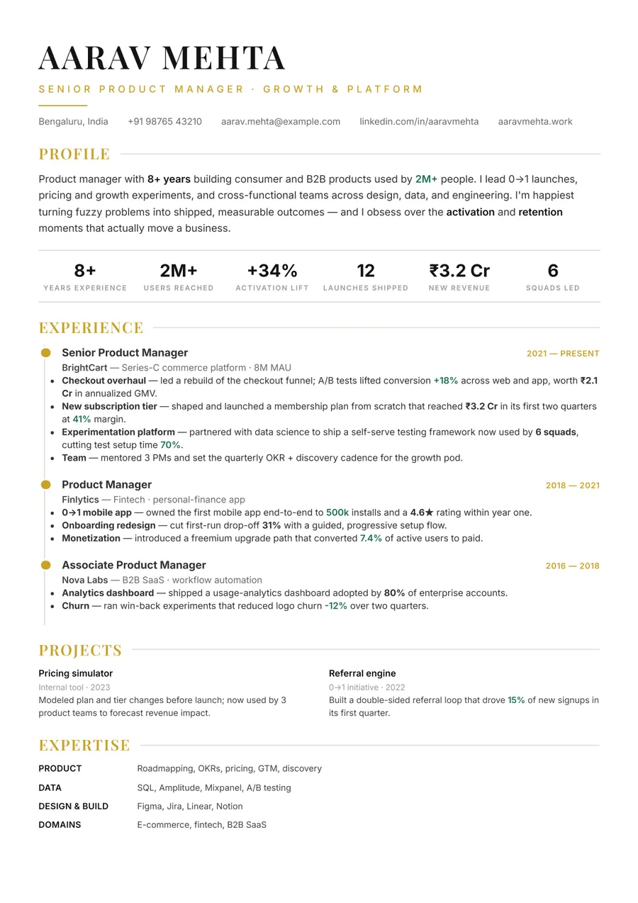 Noir executive Timeline resume template — Sharp & minimal