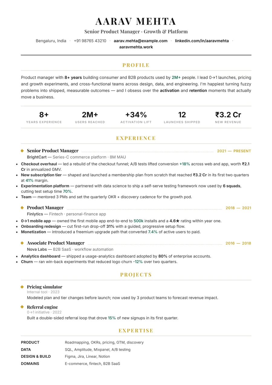 Noir executive Traditional resume template — Sharp & minimal