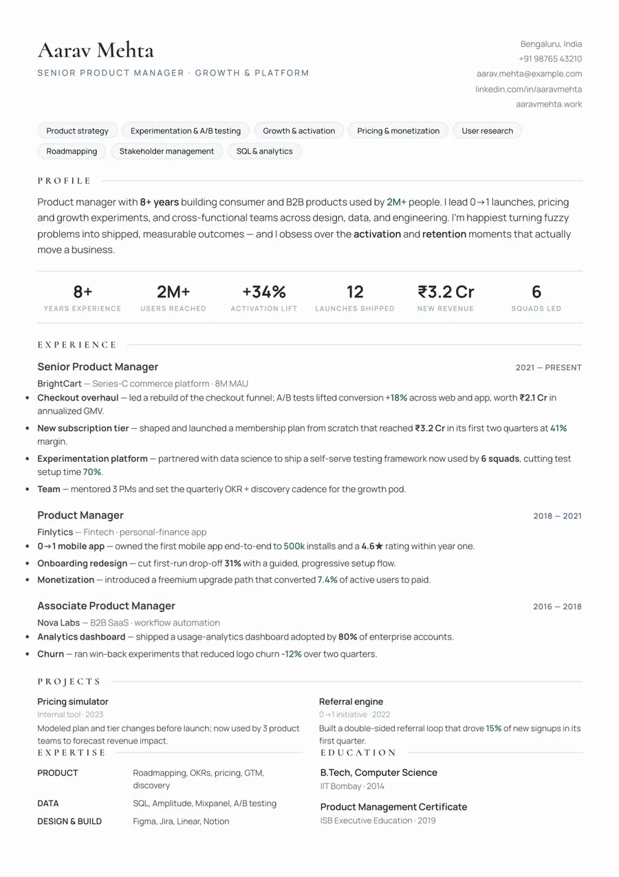 Platinum slate Compact header resume template — Understated premium