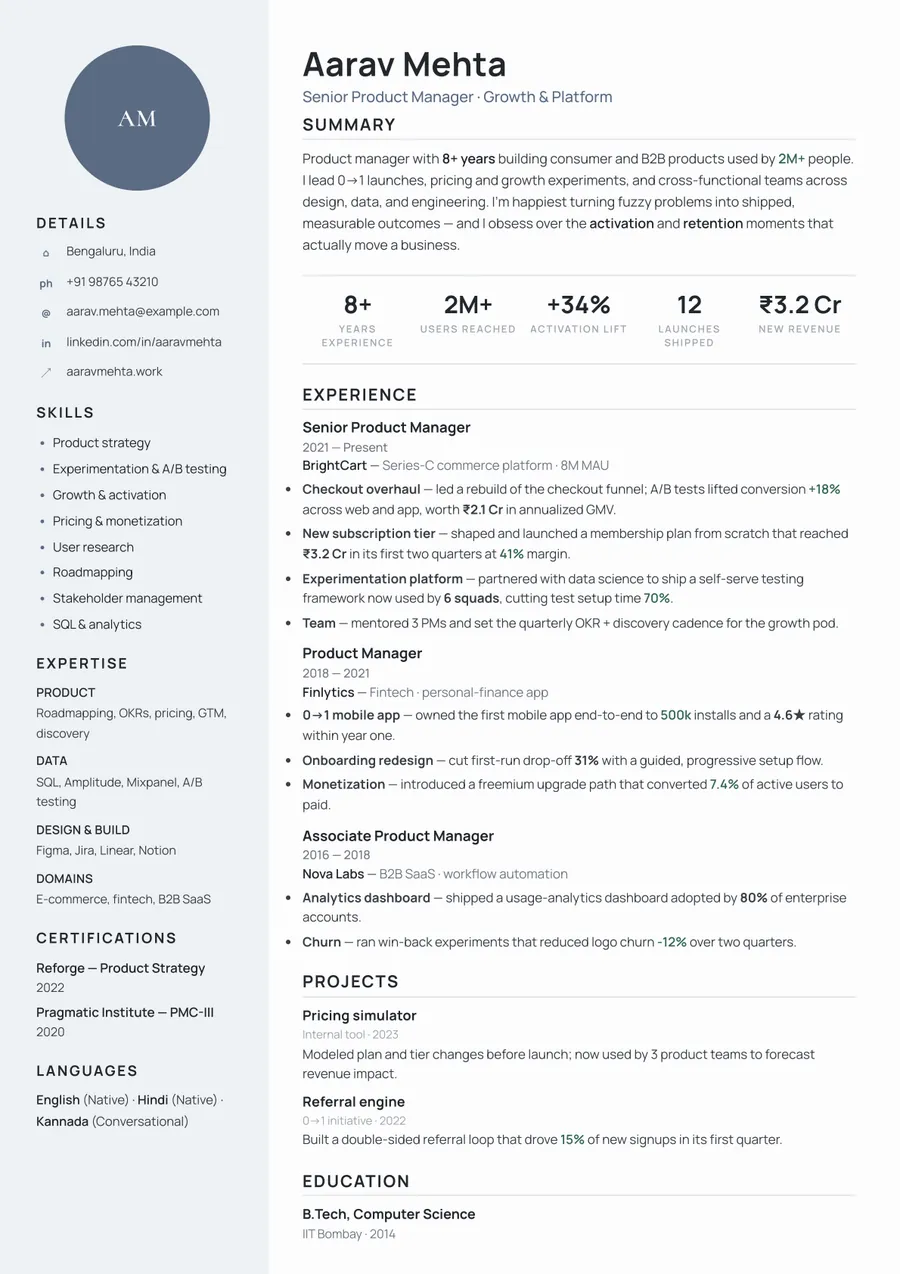 Platinum slate Portrait resume template — Understated premium