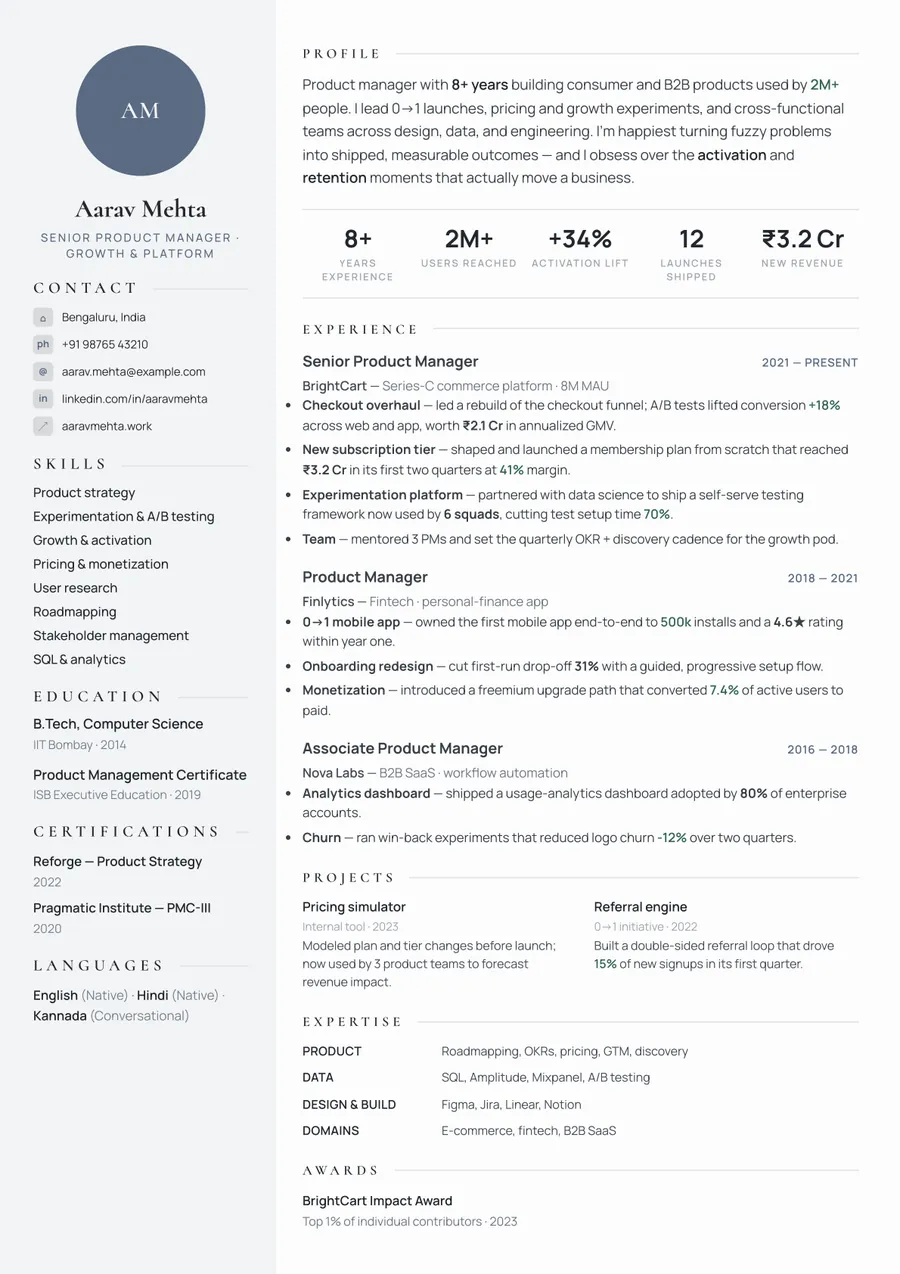 Platinum slate Sidebar resume template — Understated premium