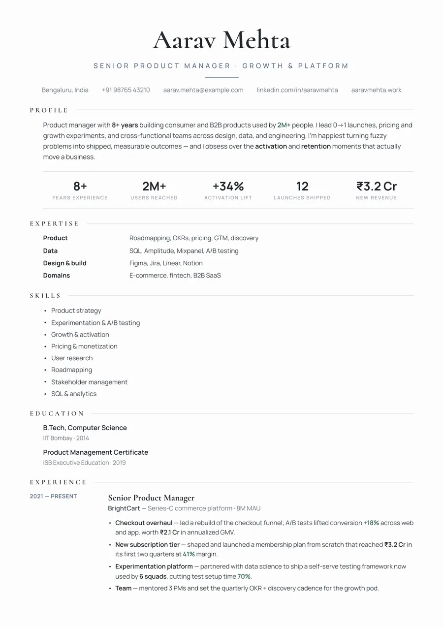Platinum slate Stacked resume template — Understated premium