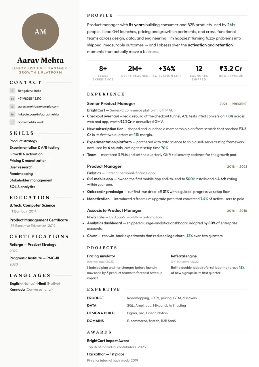 Porcelain white Sidebar resume template — Soft & refined