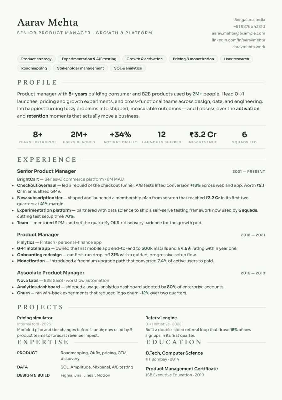 Sage botanical Compact header resume template — Calm & modern