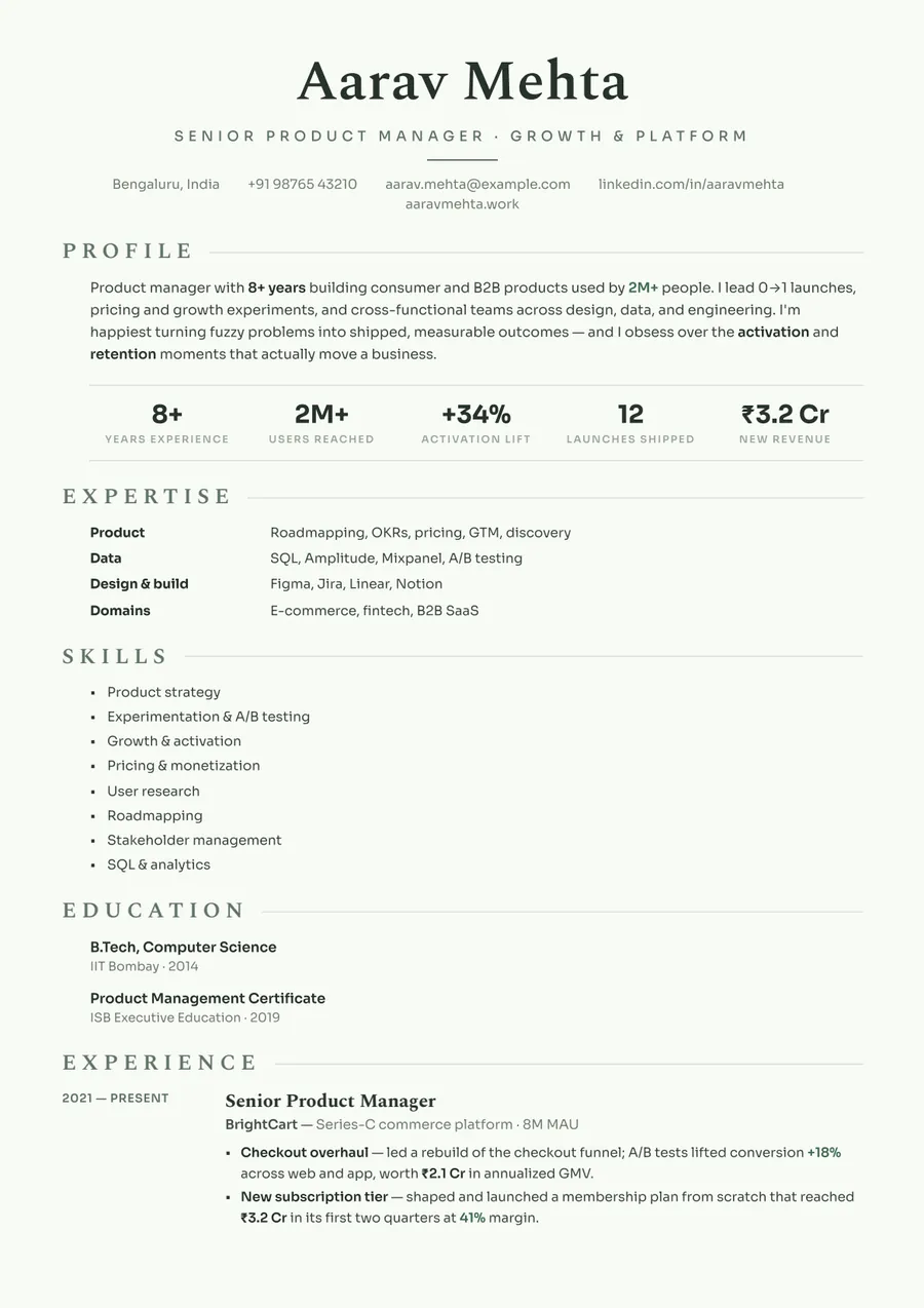 Sage botanical Stacked resume template — Calm & modern